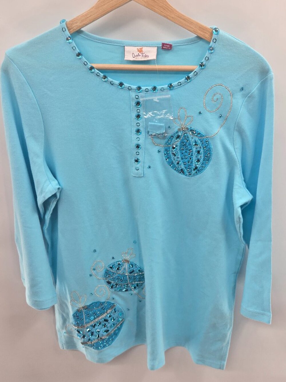 Quacker Factory Light Blue  Embellished Ornament Shirt Top Size Small NWOT